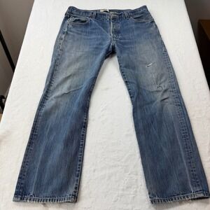 Levis 501 Original Straight Leg Mens 34x29 Blue Good Distressed Button Fly Jeans
